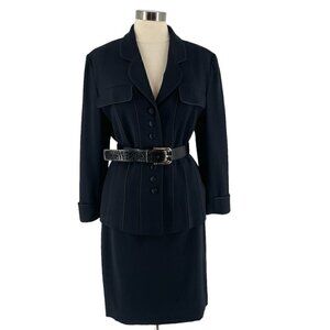 Louis Feraud Vintage Black Wool Blazer Pencil Skirt Suit Satin Trim Women's US14